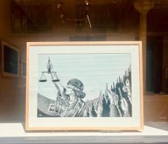 Dessin d'Armand Homsi paru dans le quotidien « an-Nahar » du 12 décembre 2021. Tirage Epson P20000 noir et blanc sur Hahnemühle (68 x46 cm). Photo fournie par la curatrice