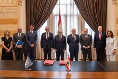 UNESCO Director-General Khaled al-Enany, Prime Minister Nawaf Salam and members of the Lebanese government during the signing of a cooperation agreement through 2029. (Credit: UNESCO Beirut office)