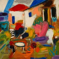 Une peinture de l’exposition intitulée « Sit With Me », mixed media, 30 x 40 cm, 2026. Photo Mowie Aoun