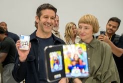 Apple CEO John Ternus, accompanied by Vice President of Industrial Design Molly Anderson, presents the new iPhone Duo during an Apple event at the Steve Jobs Theater, Apple Park, in Cupertino, California, on Sept. 9, 2026. (Credit: Karl Mondon/AFP)