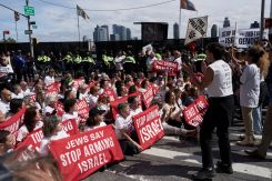 Demonstrators with Jewish Voice for Peace (JVP) block First Avenue near the U.N. headquarters in protest of Israeli Prime Minister Benjamin Netanyahu's address to the United Nations 81st General Assembly, in New York City on Sept. 24, 2026. (Credit: Bing Guan/Reuters)