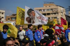 A banner bearing the image of former Hezbollah leader Hassan Nasrallah and the words “We miss you” is displayed in Beirut’s southern suburbs during a commemoration marking the anniversary of his assassination, Sept. 27, 2026. (Credit: Mohammad Yassine/L’Orient-Le Jour)