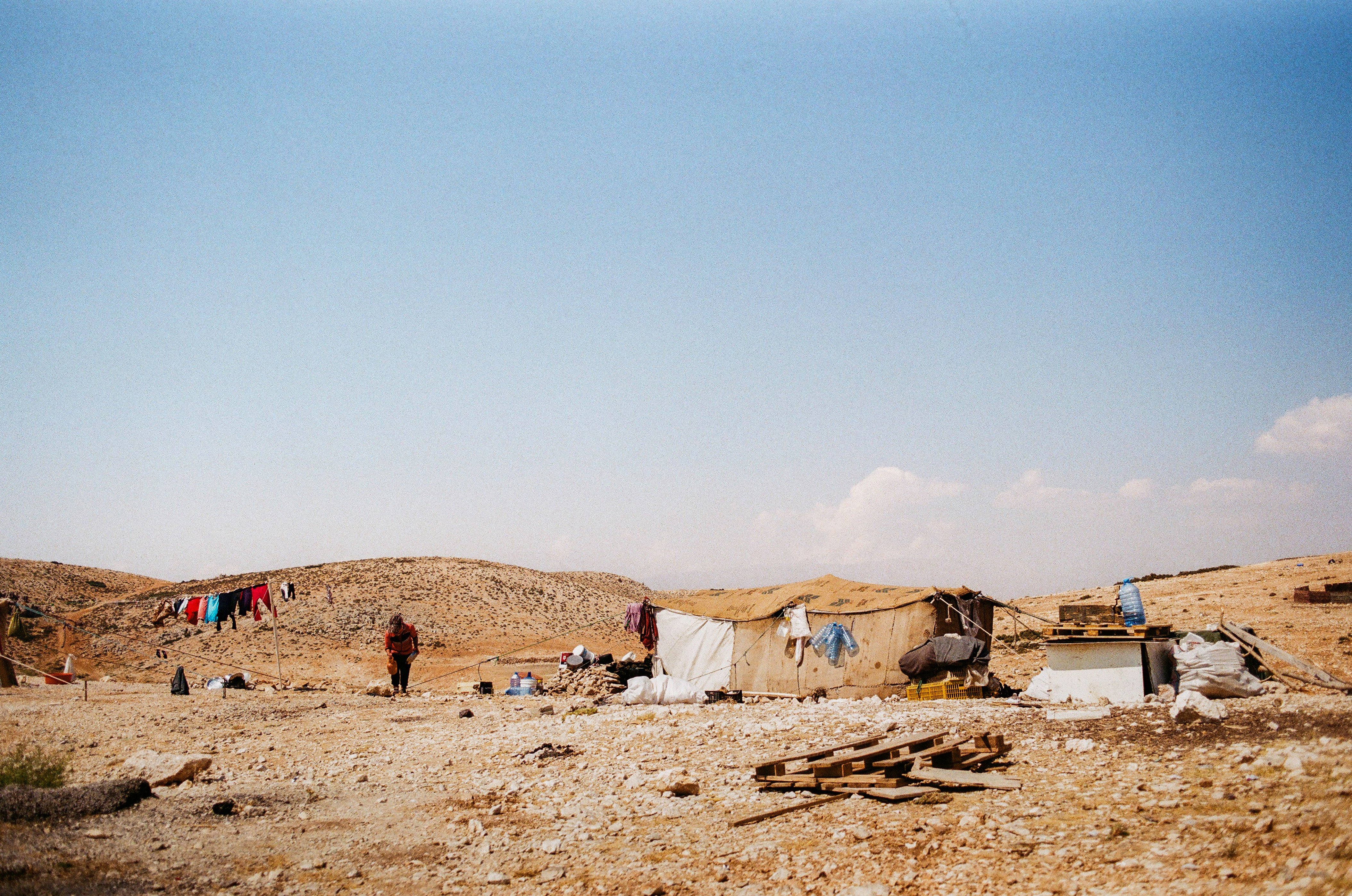 Beige tent, laundry in the wind. Jurd al-Mneitra, Mount Lebanon, Lebanon, August 2019