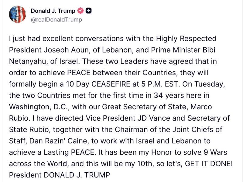 Trump annonce un cessez-le-feu au Liban à minuit, heure de Beyrouth, pour une durée de dix jours
