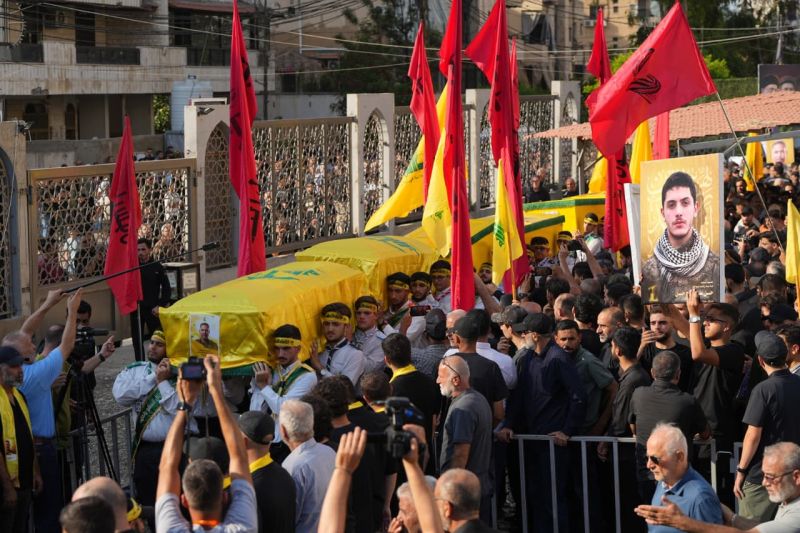Hezbollah holds funeral in Dahiyeh for family killed in yesterday's Israeli strike on Ansar