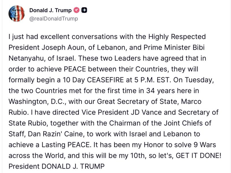 Trump announces 10-day cease-fire in Lebanon starting midnight, Beirut time