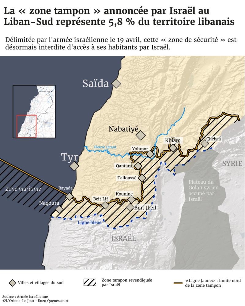 En carte : la zone tampon qu'Israël veut établir le long de sa frontière, en territoire libanais