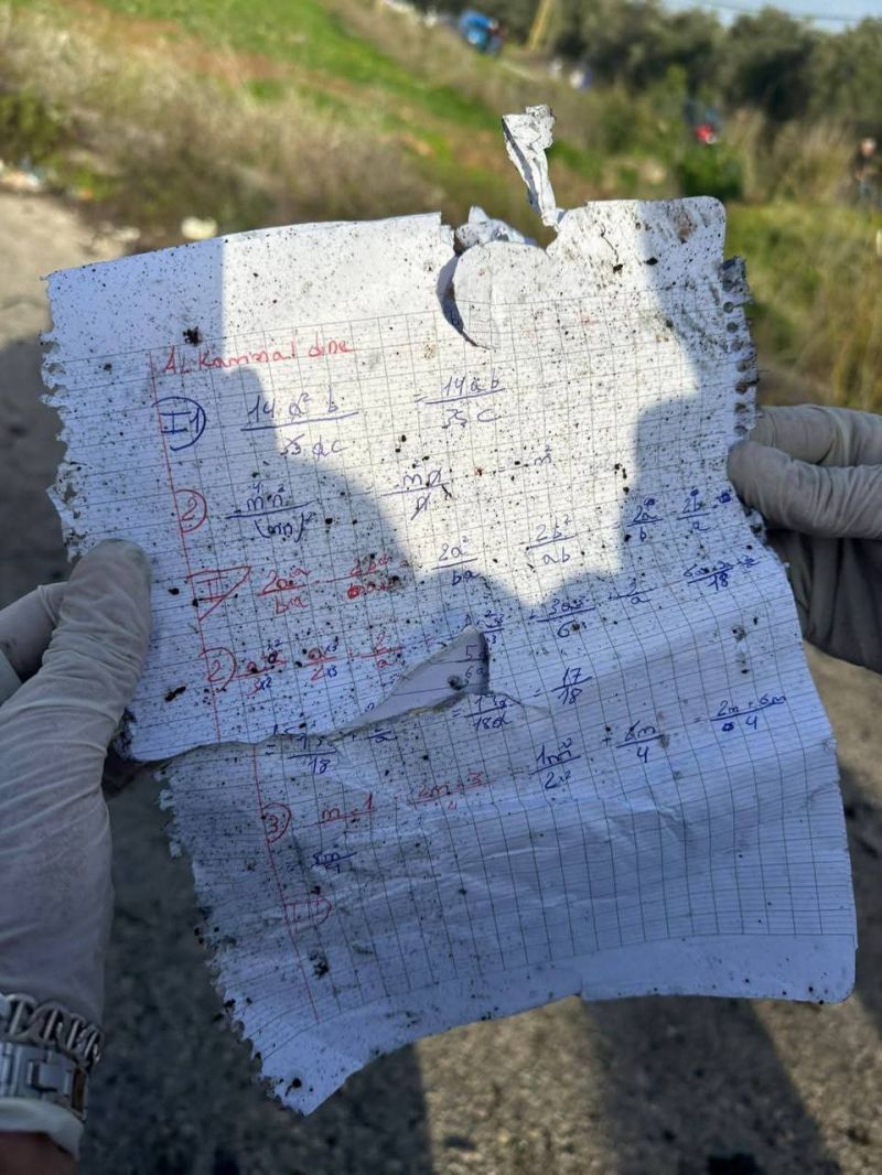 A math exam found in the car of Mohammad al-Husseini, the teacher killed in the Israeli strike on Barish