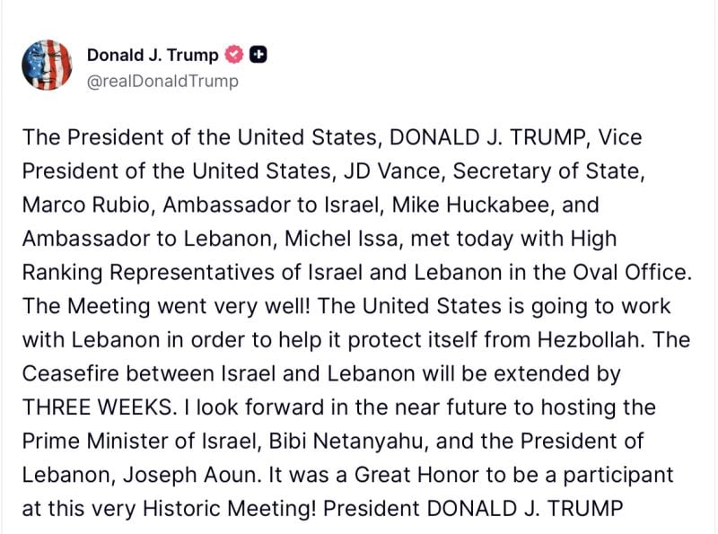 Le cessez-le-feu entre Israël et le Liban prolongé de trois semaines, annonce Trump