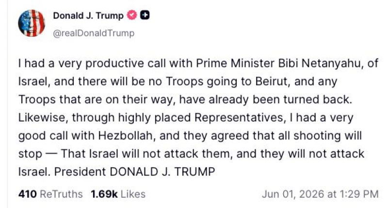 Trump dit avoir parlé à Netanyahu et au Hezbollah : « aucune troupe ne se rendra à Beyrouth », « ils ont accepté que tous les tirs cessent »