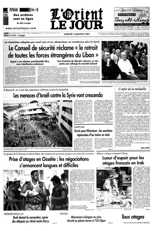 Adoption, par le Conseil de sécurité de l’ONU, de la résolution 1559 qui appelle au respect de la souveraineté libanaise