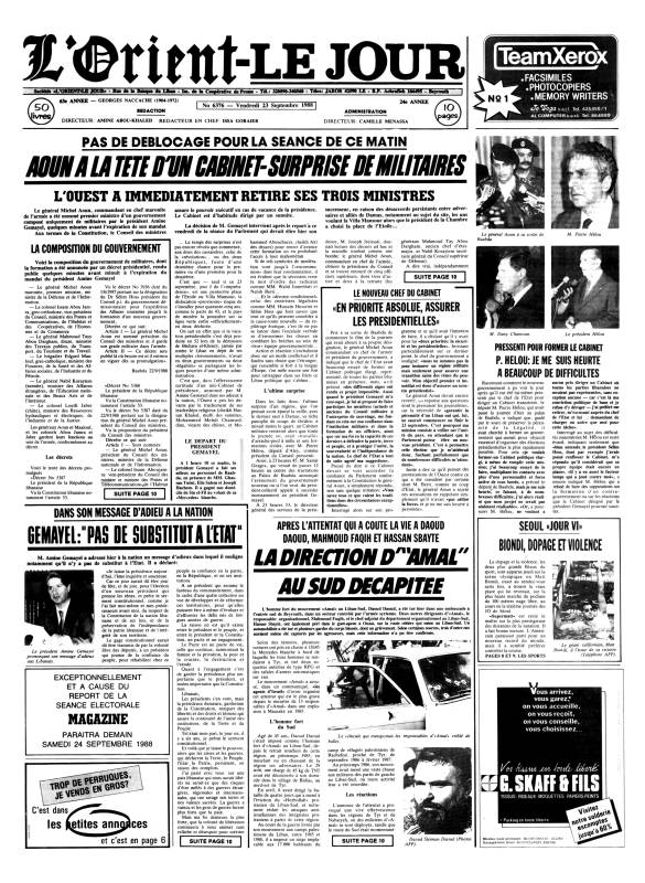 Amine Gemayel désigne, en contradiction avec la Pacte national de 1943, Michel Aoun comme président du Conseil jusqu'à la tenue de nouvelles élections
